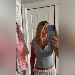 Women’s Light Blue Notch Neck Short Sleeve Top